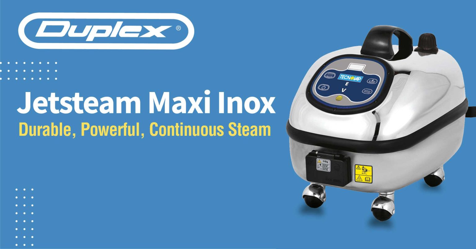 The Jetsteam Maxi Inox, an advanced steam cleaning system designed for industrial use, featuring the Smart Approved Water Mark for water efficiency.