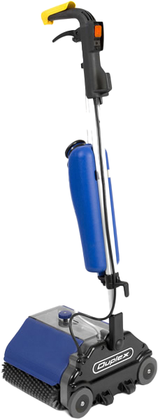 Duplex commercial floor cleaning machine in action.
