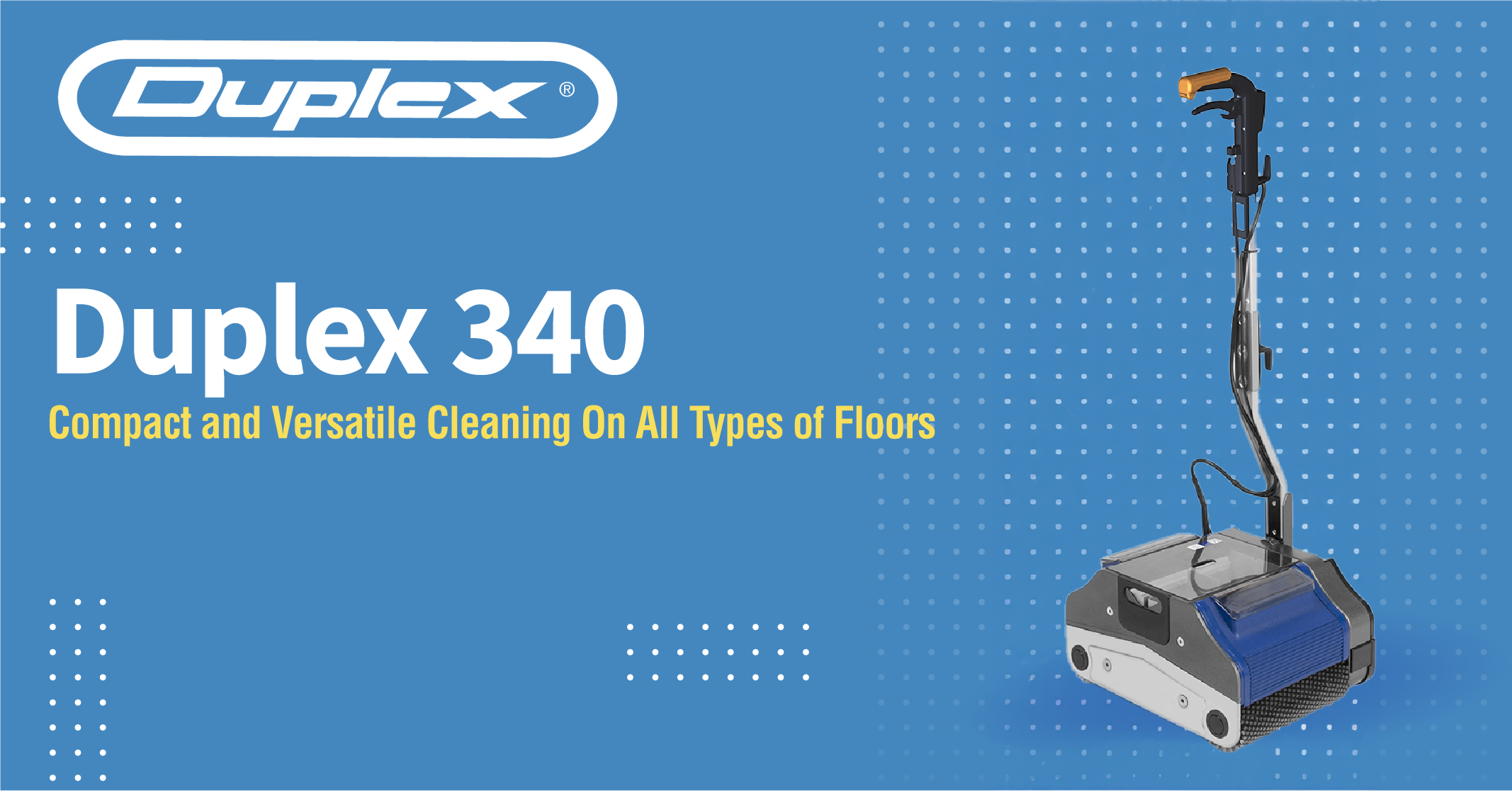 Image showcasing the Duplex 340, a compact and efficient commercial floor scrubber ideal for various floor types.
