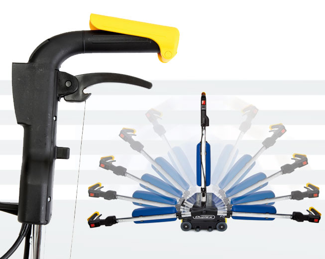 Close-up of the Duplex floor cleaning machine's fingertip-activated controls, enhancing ease of use during cleaning tasks.