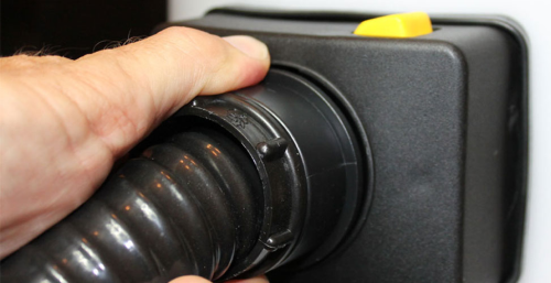 Close-up of the vacuum hose connector on the JetVac Inox steam vacuum cleaner.