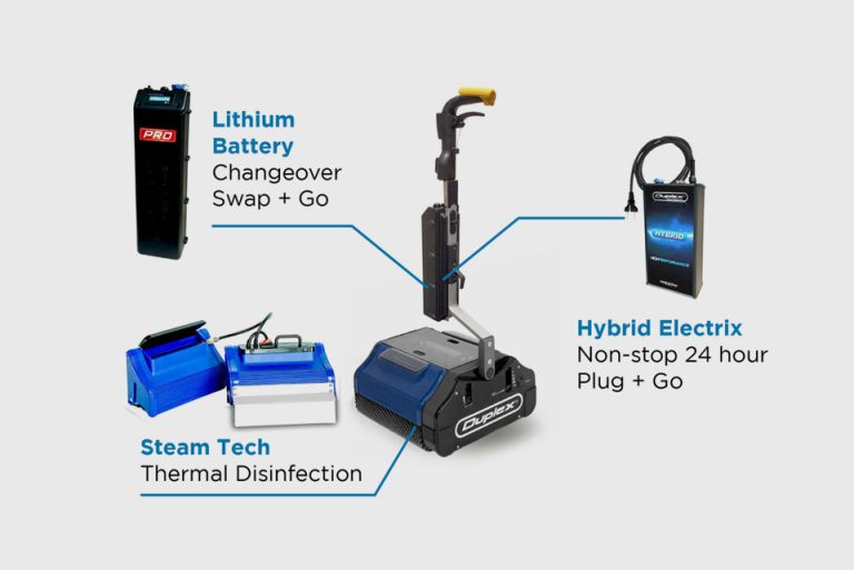 Commercial floor steam cleaning machines with hybrid Electrix convertible technology, transforming the Duplex Lithium Hybrid into the Lithium Hybrid Steam. This enhancement allows for both cleaning and disinfecting of floor surfaces, ensuring a deeper and more comprehensive commercial steam floor cleaning experience.