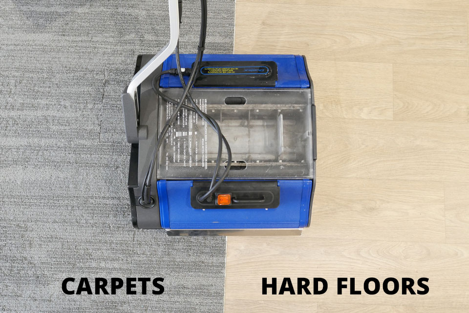 Image demonstrating the Duplex Lithium Hybrid cleaner, equipped with versatile brushes, capable of cleaning various floor types in a single pass.