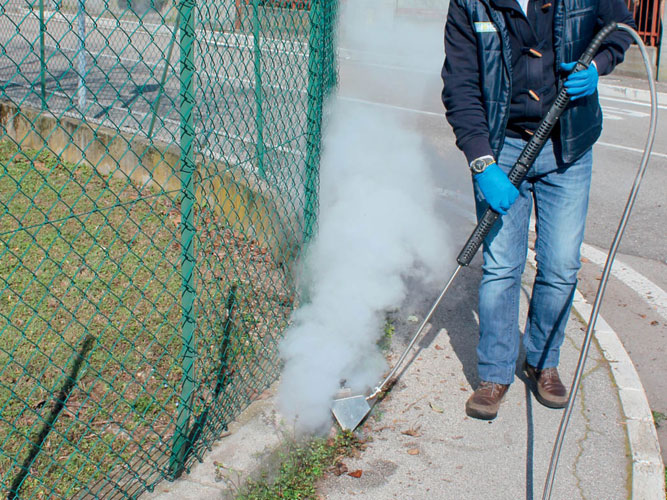 Image illustrating the application of steam weed control technology in school grounds and playgrounds, emphasizing its eco-friendliness and safety.