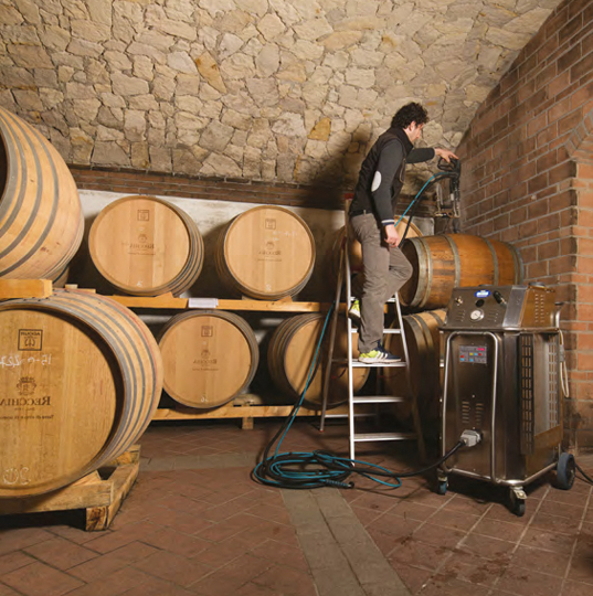 Image showing the Wine Barrel Cleaning (WBC) System in action, focusing on the advanced process of treating and cleaning barrels.