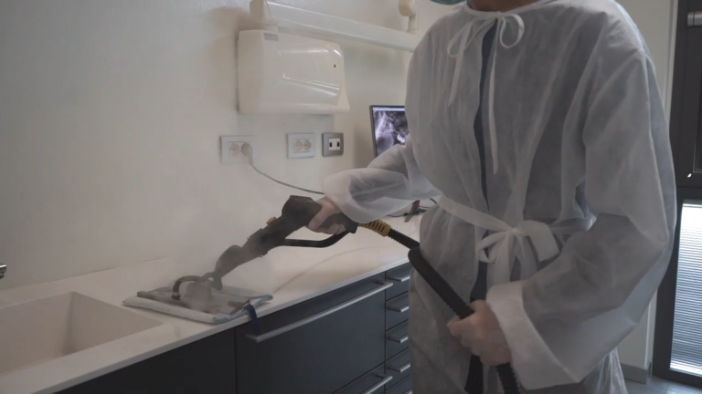 Image showing the extensive general cleaning process in a dental clinic, focusing on maintaining a sterile and welcoming environment.