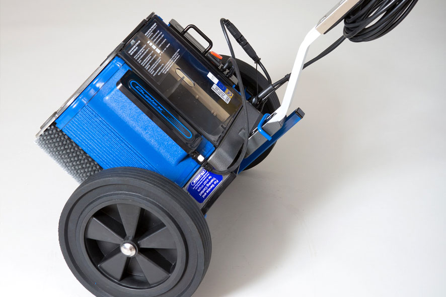 Image depicting the Duplex transport trolley, featuring an innovative folding mechanism for easy storage and transport of cleaning equipment.