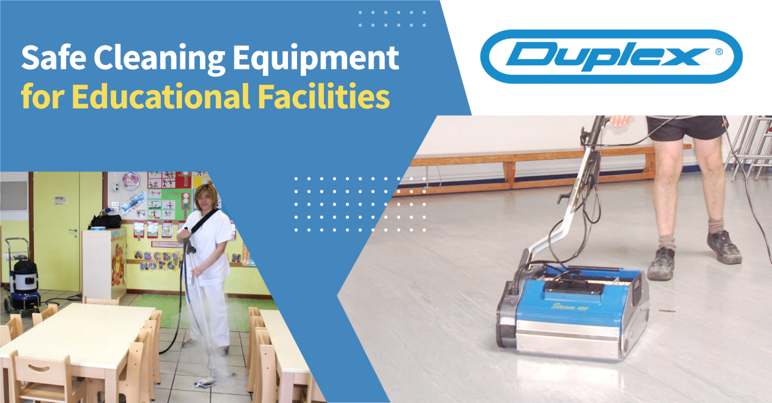 Image showcasing a range of safe cleaning equipment by Duplex Cleaning Machines, designed specifically for educational facilities.