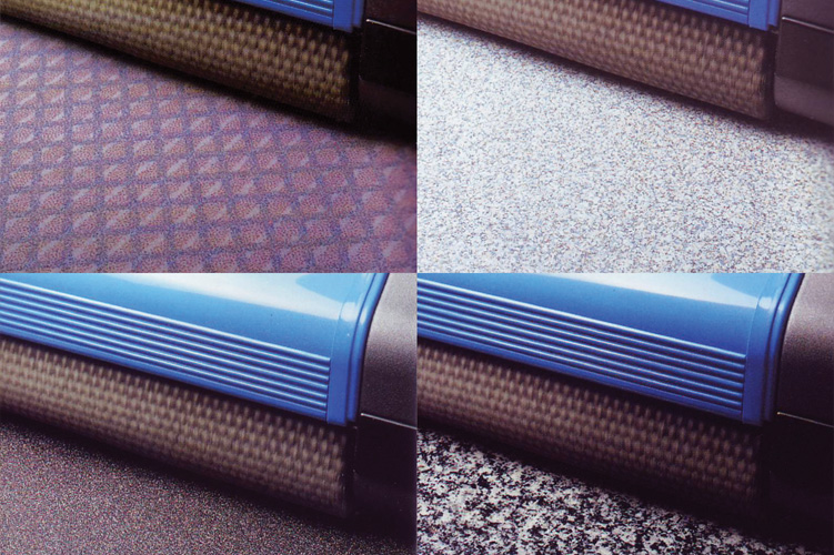 Image showcasing the effective cleaning of diverse flooring types including Flotex, vinyl, safety floors, and stone carpets, using advanced cleaning technology.