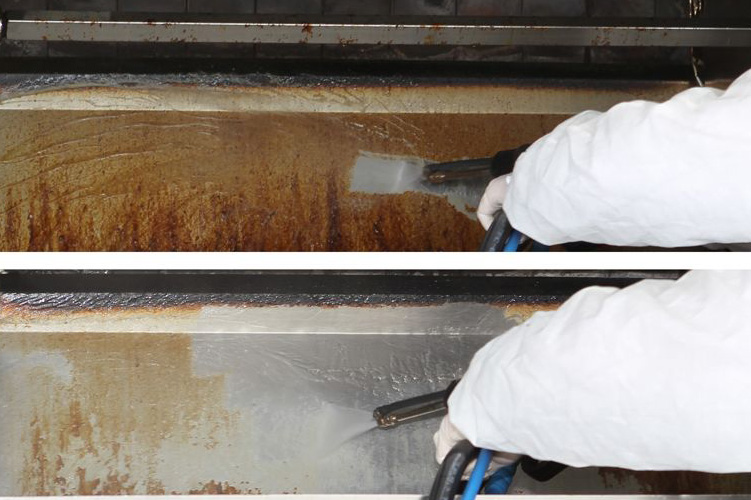 Image showing the use of Steam Pressure technology by Duplex Cleaning Machines for removing tough food residues and stains in an ice cream production facility.