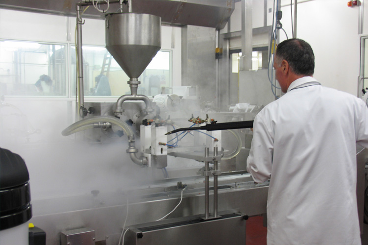 Image displaying the use of Duplex Cleaning Machines for thorough cleaning of conveyor belts, food processor systems, and electrical appliances in an ice cream production facility.