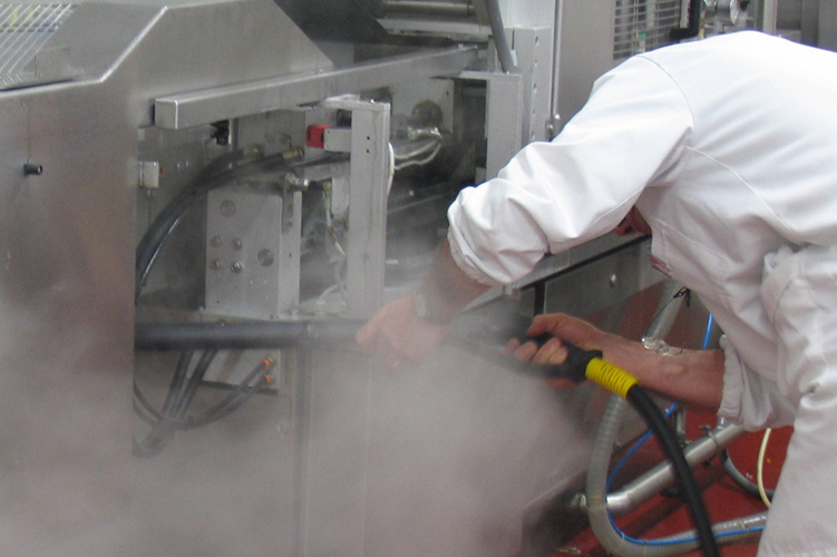 Image illustrating the effective use of Steam Pressure technology for decontaminating and restoring machinery in an ice cream production facility.