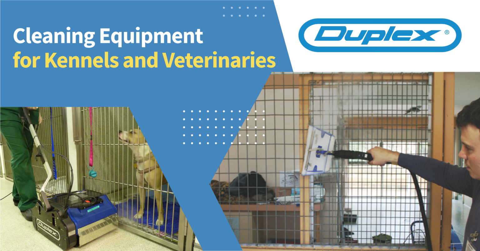 Image showcasing a range of cleaning equipment by Duplex Cleaning Machines, designed for veterinary clinics and kennels to maintain high hygiene standards.