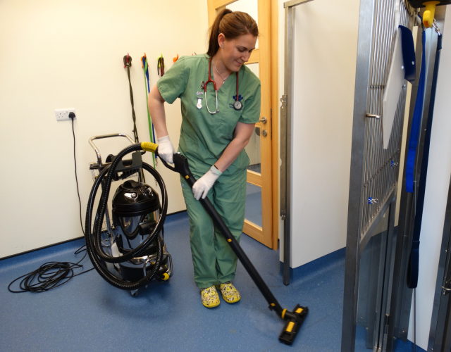 Image demonstrating the process of regular and detailed cleaning in veterinary clinics using Duplex Cleaning Machines' specialised equipment.