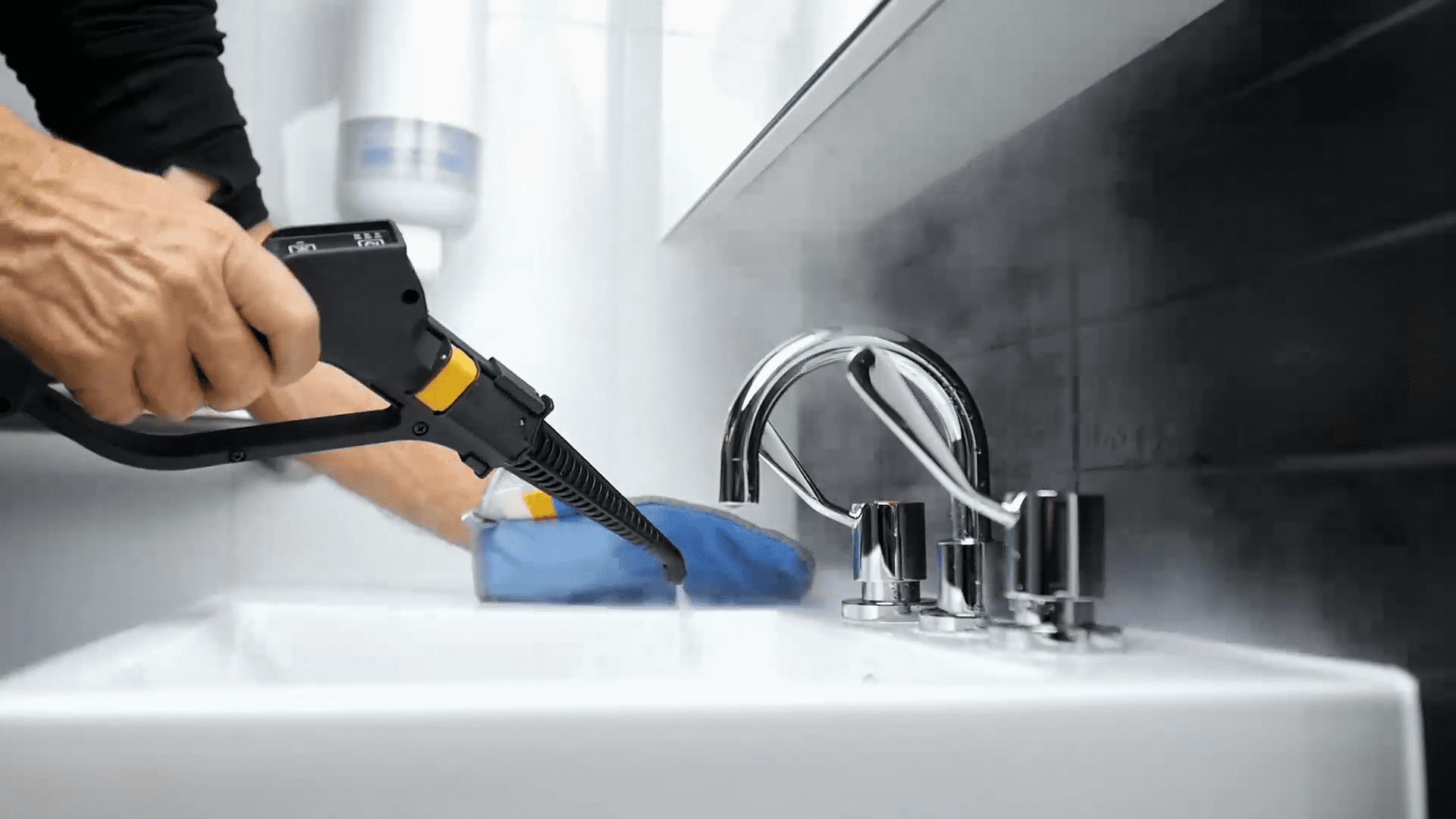 Photograph demonstrating Duplex's efficient cleaning technology for thoroughly cleaning a bathroom in less than four minutes.
