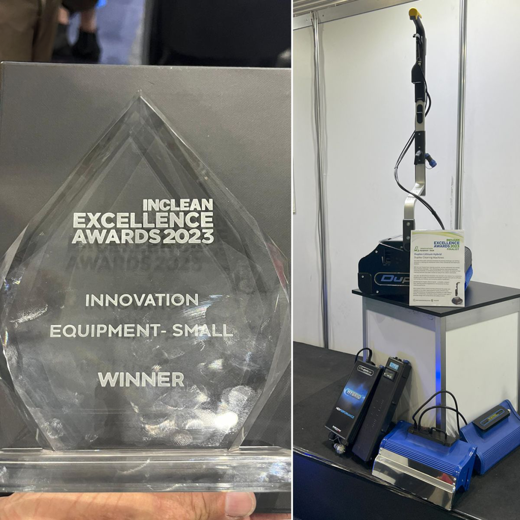 The Duplex Lithium Hybrid cordless commercial floor steam cleaning machine, awarded the INCLEAN Excellence Award 2023 trophy for innovation in small equipment at ISSA Oceania.