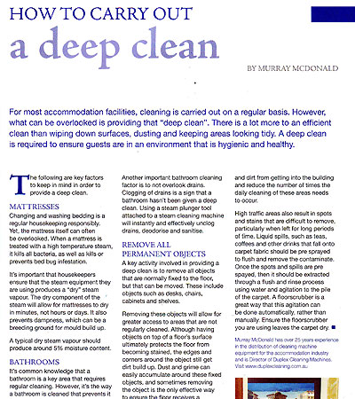Top reasons to shift from a visual clean to a deep clean- as outlined in Housekeeper magazine, May 2016