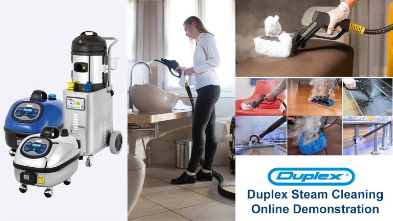 Experience the efficiency of Tecnovap steam cleaners during Duplex's online demonstration, showcasing their ability to deep clean and disinfect various surfaces.