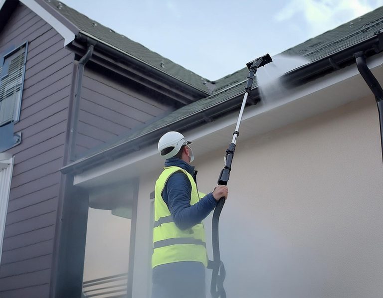 Image of the Tess High Ceiling Vacuum Cleaner performing high-level cleaning on outdoor structures.