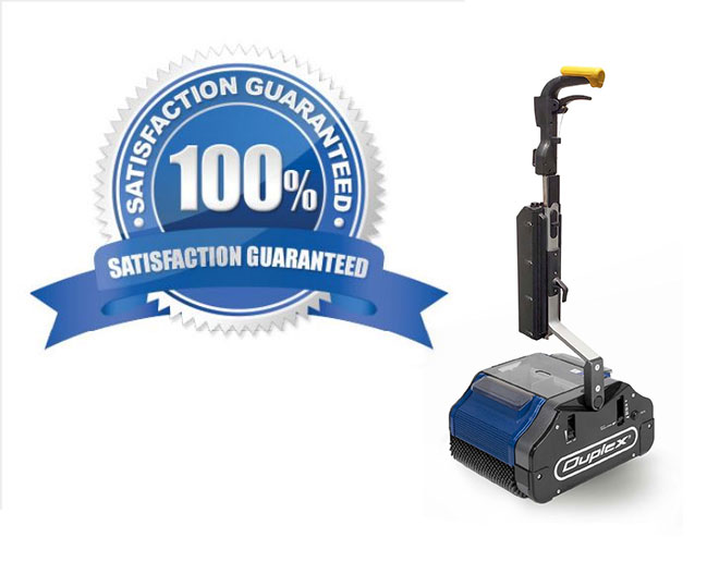 Commercial steam floor cleaner with a one-year manufacturer's warranty covering fabrication defects. All service work is performed by Duplex approved engineers, ensuring reliability and peace of mind for your cordless commercial floor scrubber.