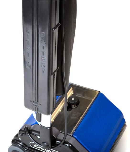 Close-up of the Duplex Lithium Cordless Floor Cleaner highlighting its lithium battery and sleek design.