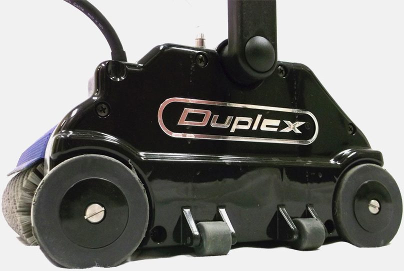 Close-up of the Duplex Lithium Floor Cleaner showcasing its built-in side wheels for easy transportation.