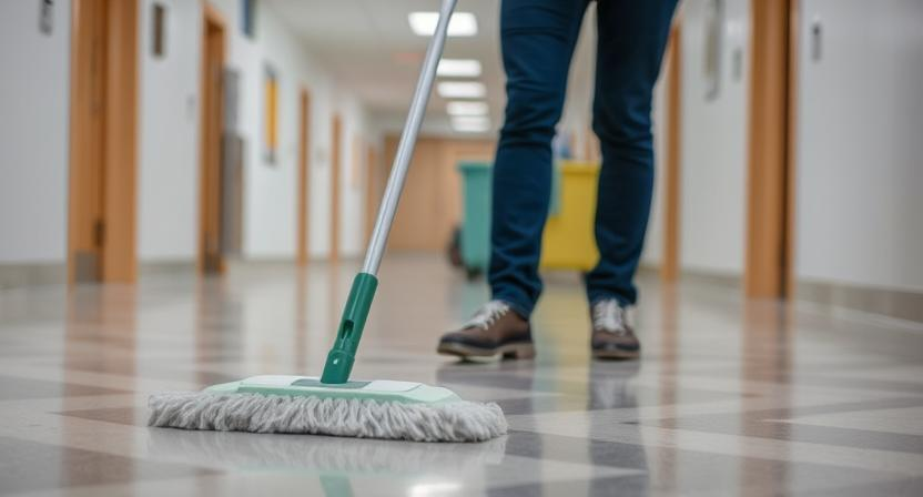 A cleaner is mopping the floor.