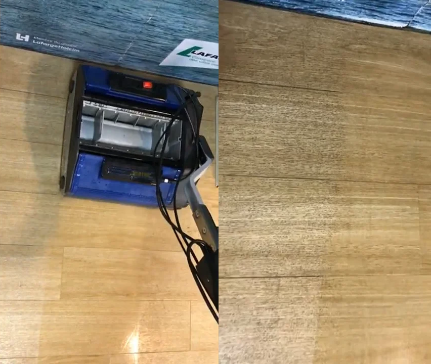 Duplex 420 machine cleaning a vinyl floor with a visible before-and-after split showing effective dirt removal